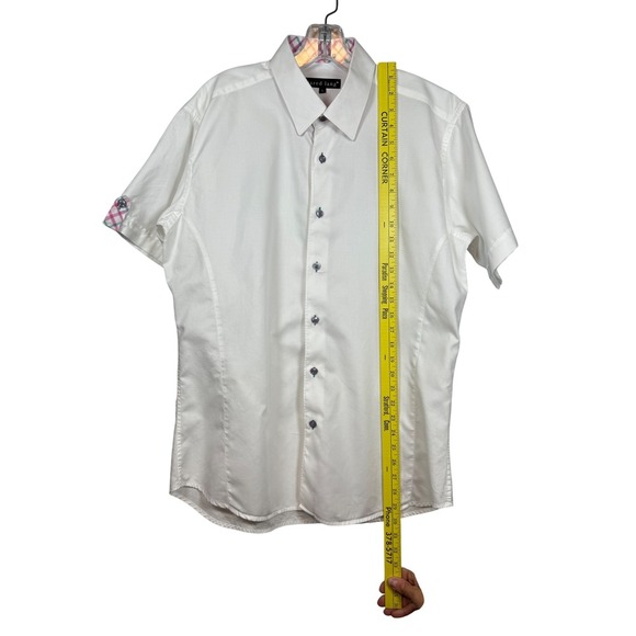 Jared Lang Men's Short Sleeve, Fitted, Pink Plaid Accent Cuff Sleeves, Size L - Picture 4 of 9